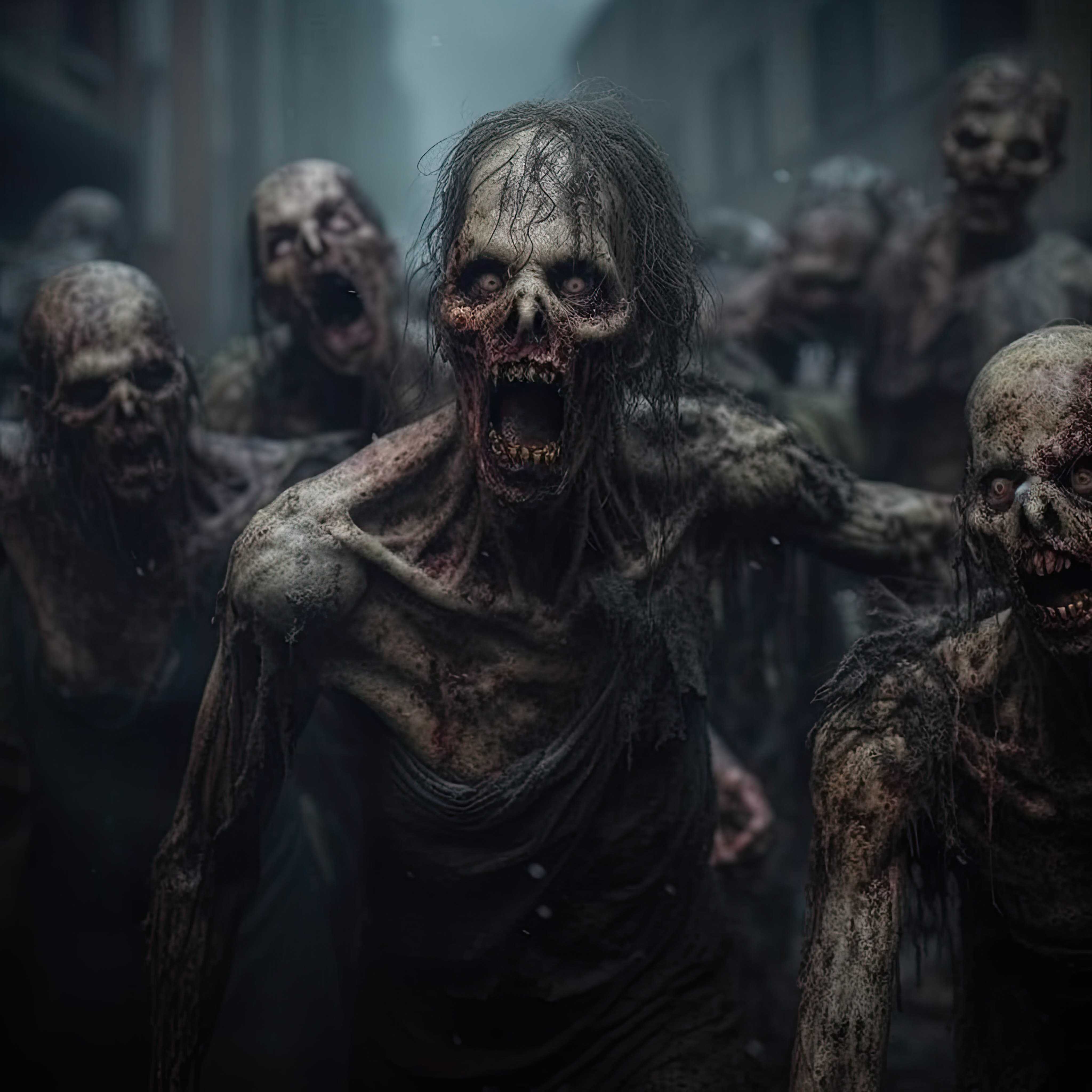 close-up illustration of a zombie horde approaching the viewer