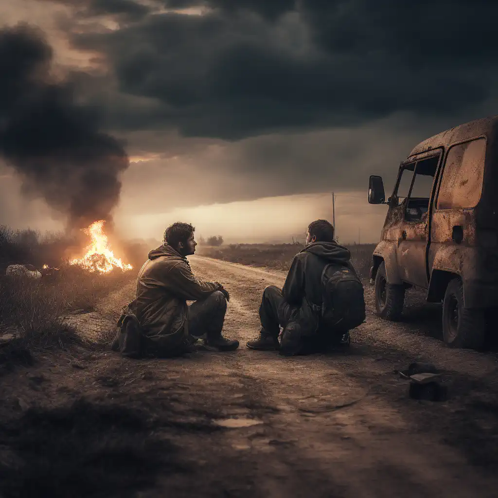 drawing of two apocalypse survivors sitting on a dirt road next to a burnt-out van
