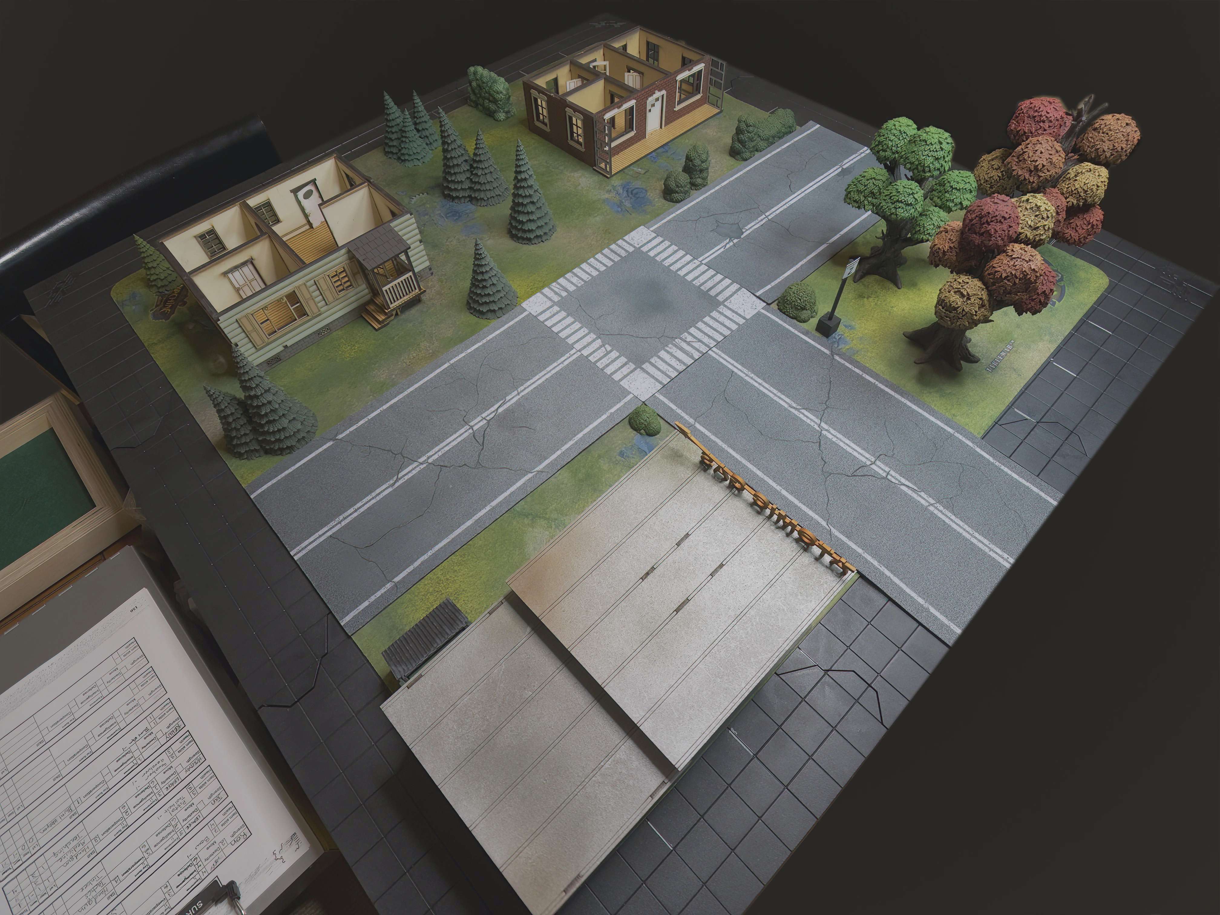 Picture of the game board. It is a T-junction of two roads. Along the top of the T are two houses. On the left of the T is a gas station and on the right are woods.